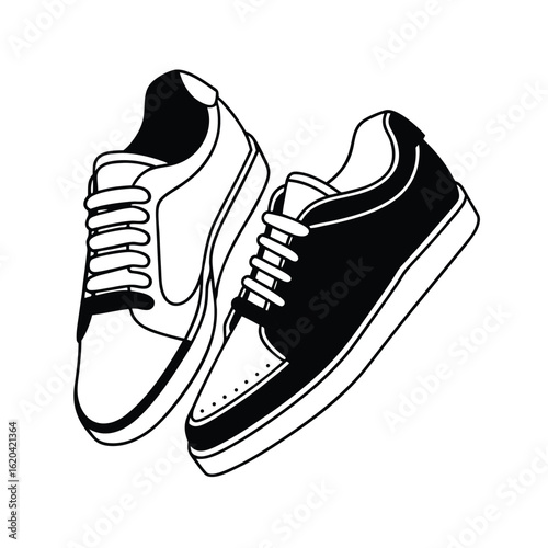 Pair of classic sneakers in black and white. Vector line art illustration.
