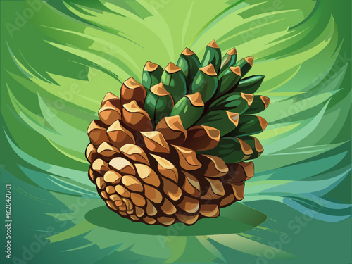 A single pine cone lying on soft green background, natural forest element for minimal seasonal decor