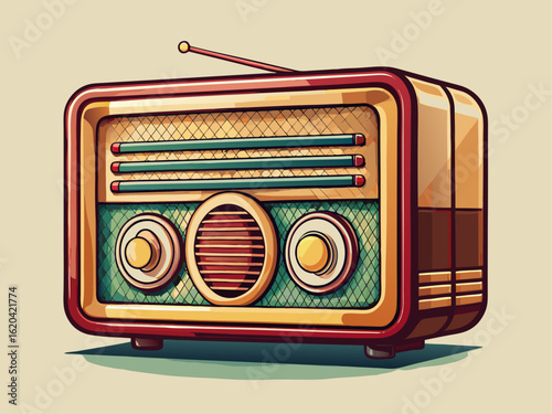 A vintage radio with knobs and wooden frame, placed on solid cream background for retro aesthetics