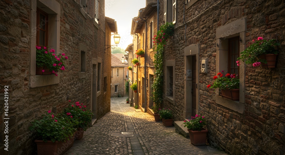 Fototapeta premium Cobblestone alley evokes old world charm. Flowers decorate stonework. Use for travel, design, real estate, or nostalgic themes.