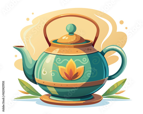 A ceramic teapot with steam rising, centered on white background, cozy tea moment for kitchen design