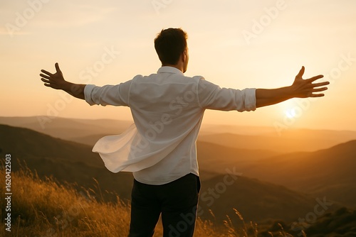 Man enjoying sunset view in mountains with arms wide open