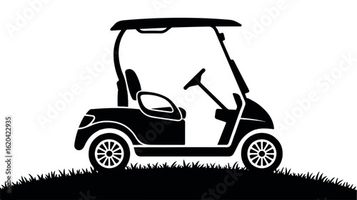 Black and white silhouette illustration of a golf cart on a clean white background