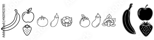 Minimal Monochrome Food Vector Pack – Fruits & Vegetables Outline Icons