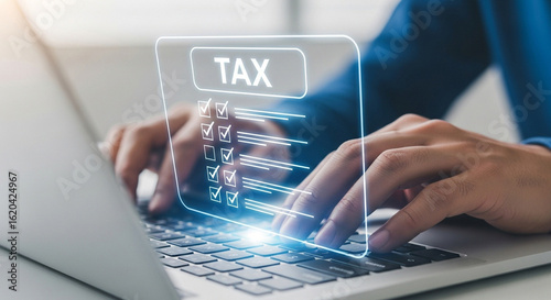 Filing taxes online with checklist on laptop screen, modern technology concept