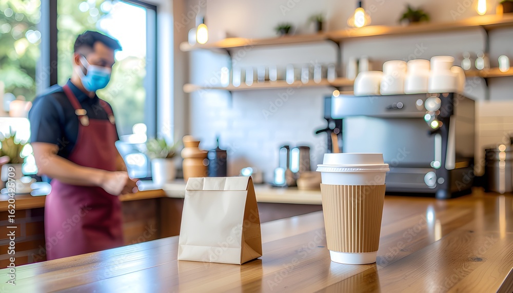 Fototapeta premium A disposable coffee cup and a small brown paper bag are arranged on a coffee shop counter, suggesting items prepared for takeaway or delivery.