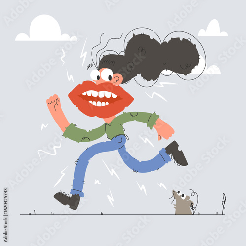 Abstract Illustration of a Running Figure with a Large Mouth and a Mouse in the Rain.