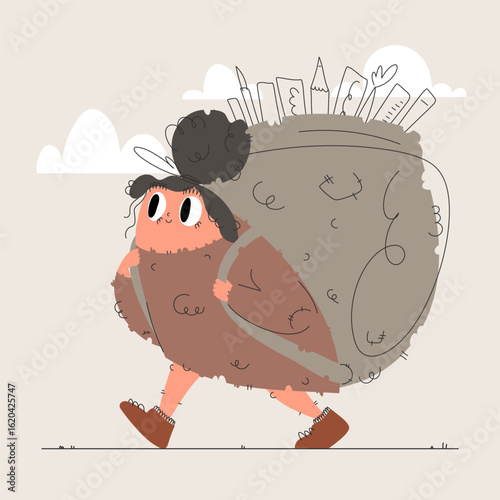 Creative Burden. A Girl Carrying a Bag Full of Artistic Supplies and Tools.