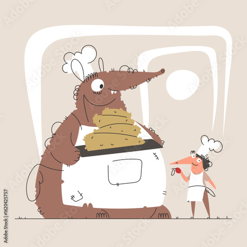 Culinary Cartoon Duo. An Anteater Chef and a Helper Cooking Something Delicious.