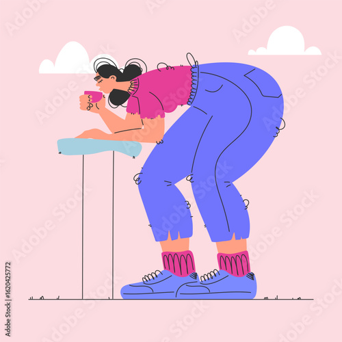 Girl having a coffee break at the table with clouds in the background, cartoon style.
