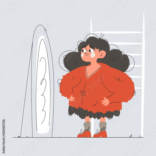 Girl in oversized red sweater looks in distorted mirror, cartoon style illustration.