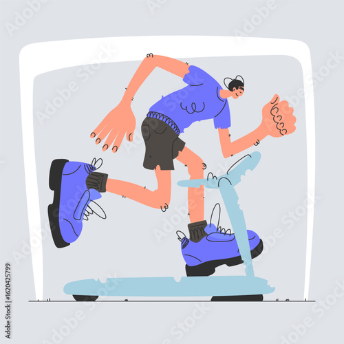 Man Training on Treadmill. Cartoon Style Illustration of Person Running on Treadmill.