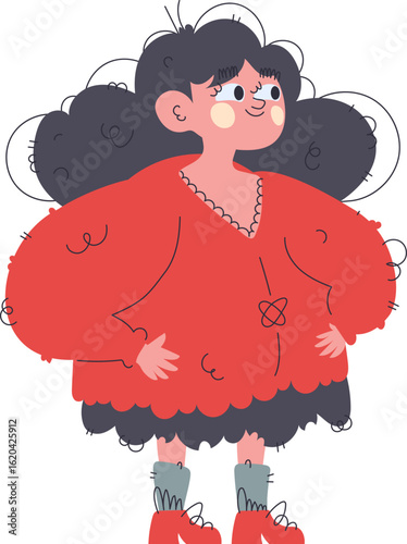 A Sweet Young Girl in a Red Dress, Adorable Cartoon Style Illustration.