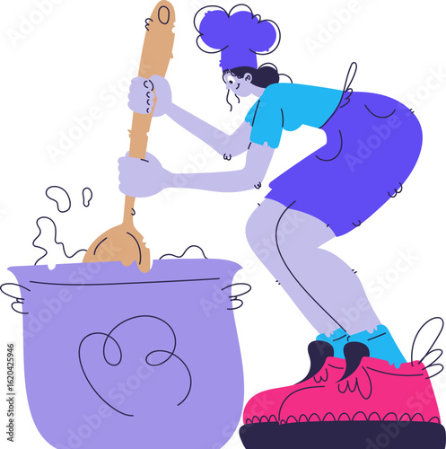 Chef Stirring Food in a Pot with a Wooden Spoon, Cartoon Style Illustration