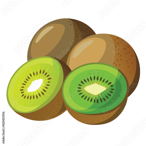 A vibrant collection of fresh kiwi fruits artfully arranged and isolated on white background