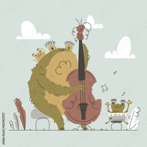 Frog Band. A Musical Gathering of Amphibians Playing Instruments Under the Clouds.