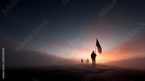 Silhouette of soldiers with american flag at sunset embodying sacrifice and service
