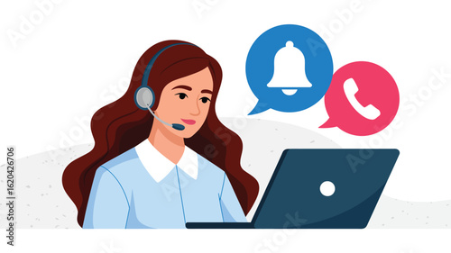 Customer Service Representative with Headset, Laptop, Notification & Call Bubbles

