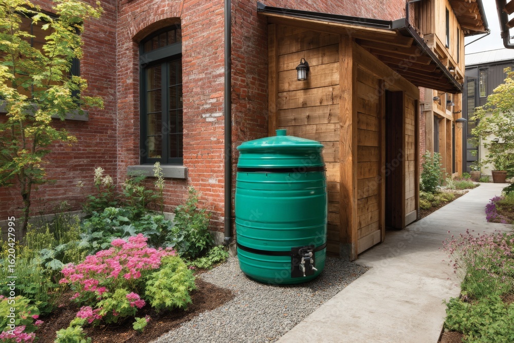 Naklejka premium Rainwater collection system enhances sustainable gardening in a serene courtyard setting