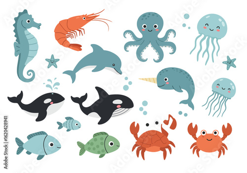 A Whimsical Collection of Cute Cartoon Ocean Animals Including Dolphins Orcas Jellyfish Narwhal Seahorse Octopus Shrimp and Crabs