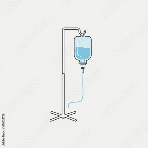 The image shows an IV drip stand with a fluid bag, illustrating a medical setup typically seen in hospitals or clinics. The minimalistic design emphasizes the essential role of intravenous therapy in 