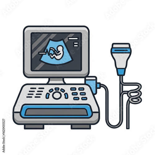 This image depicts an ultrasound machine displaying a fetal scan on the screen. The machine's probe is connected, used for imaging during pregnancy to monitor fetal development and health.
