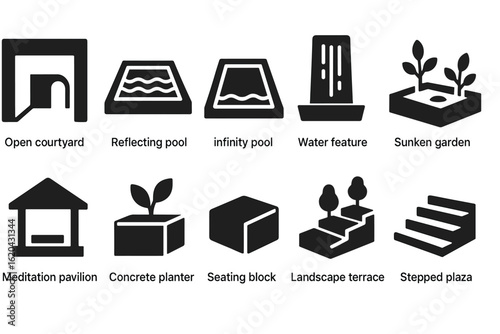 Landscape architecture solid icon set. courtyards, pools, gardens, and terraces