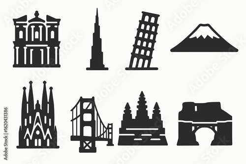 Landmark silhouette icon set. global architectural wonders in silhouette style