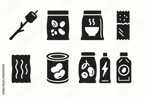 Camping food silhouette icon set: essentials, snacks, and outdoor cooking
