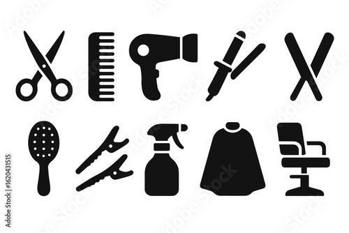 Hairdresser tools silhouette icon set. scissors, comb, and salon equipment icons