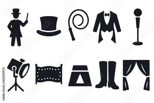 Circus and theater silhouette icon set. performer, stage props, show elements collection