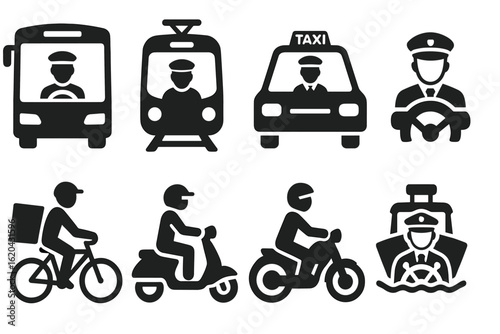 Transportation, commuting solid icon set. travel, vehicle, taxi, bus graphics