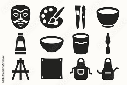 Art and craft solid icon set. painting, sculpture, crafting tools in solid style