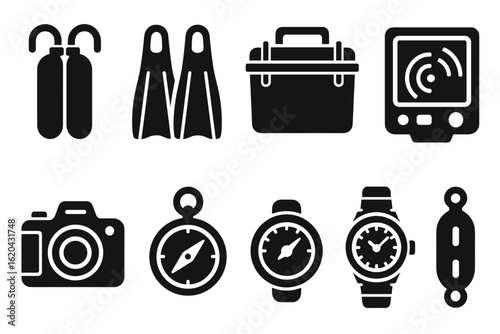 Fishing, diving silhouette icon set. aquatic, nautical adventure tools silhouette collection