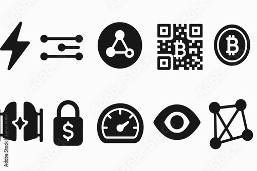 Business and technology solid icon set. crypto, finance, and security icons collection