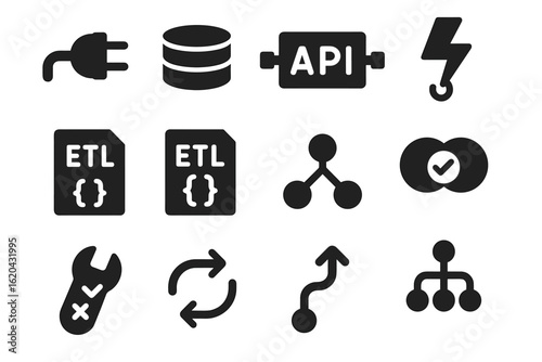 Technology, data silhouette icon set. power, network, database, api solid collection
