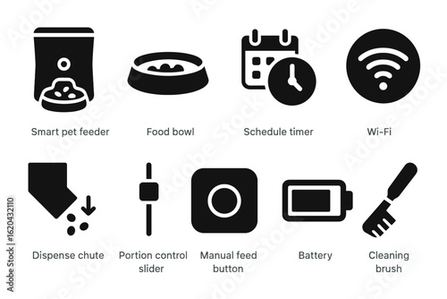 Pet care solid icon set. smart feeder, food bowl, schedule timer, cleaning brush