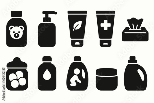 Baby care silhouette icon set. child, bottle, hygiene, diaper, and cream icons