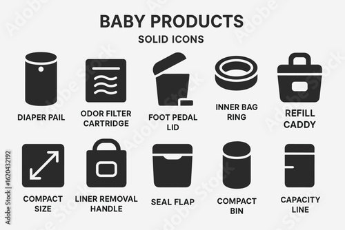 Baby products icon set: solid icons for essential nursery items