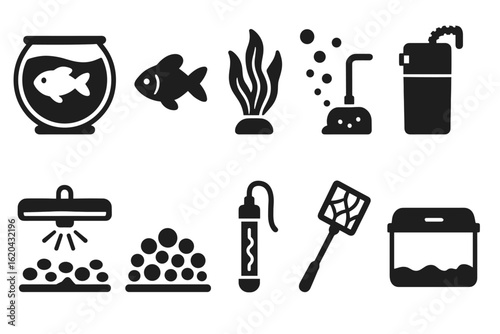 Aquarium silhouette icon set: fish tank, plants, equipment solid collection