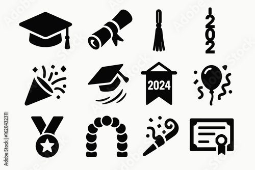 Graduation and celebration solid icon set: certificates, balloons, caps