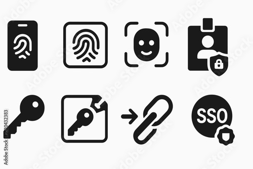 Security, authentication filled icon set: biometrics, key, privacy symbols for digital safety