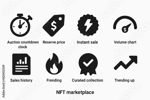 E-commerce, nft marketplace solid icon set for online auctions and digital sales
