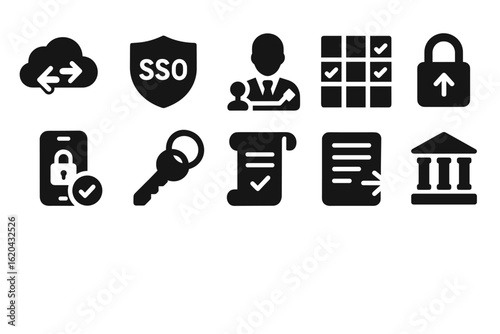 Security and authorization solid icon set. key, lock, cloud security icons