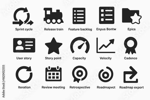 Agile management solid icon set. sprint, backlog, velocity, planning tool symbols