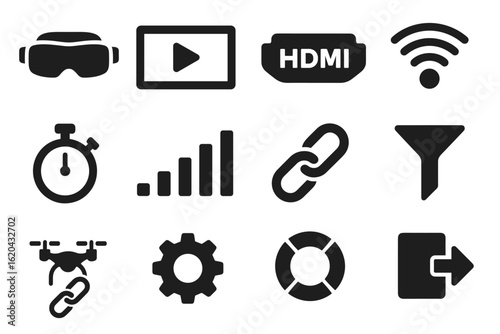 Technology and media solid icon set. gadgets, connectivity, streaming icons collection