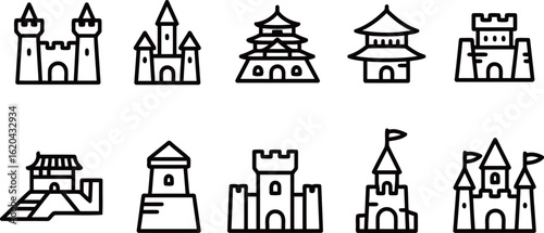 Diverse collection of outline icons showcasing various castles and ancient architectural structures from different cultures.