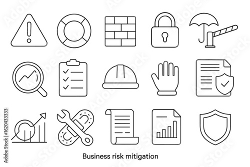 Business risk mitigation outline icon set. safety, analysis tools, growth icons