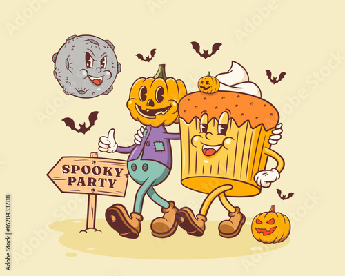 Halloween Groovy Pumpkin Spice and Cake Retro Characters. Cartoon Sweets Cupcake Jack Lantern Walking and Smiling. Vector Autumn Holiday Moon Mascot Template. Happy Vintage Cool Illustration Isolated