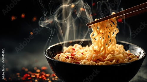 Spicy ramen in a black ceramic bowl, with steaming noodles picked up by chopsticks and chili flakes floating in the air, presenting an appetizing picture.
